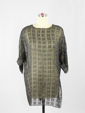 Vintage 00's Unbranded Black Gold Metallic Check Silk Chiffon Tunic Top, Size S